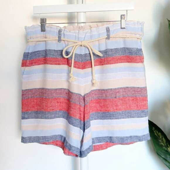 J. Jill 100% Linen Red, Blue & Cream Stripe High Rise Rope Cord Belt Shorts M - Picture 1 of 7